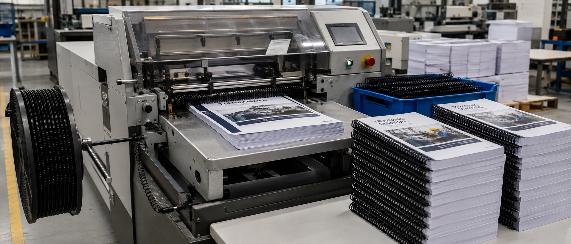 Spiral binding machine processing high volume training manuals for industrial use Spiral binding machine processing high volume training manuals for industrial use